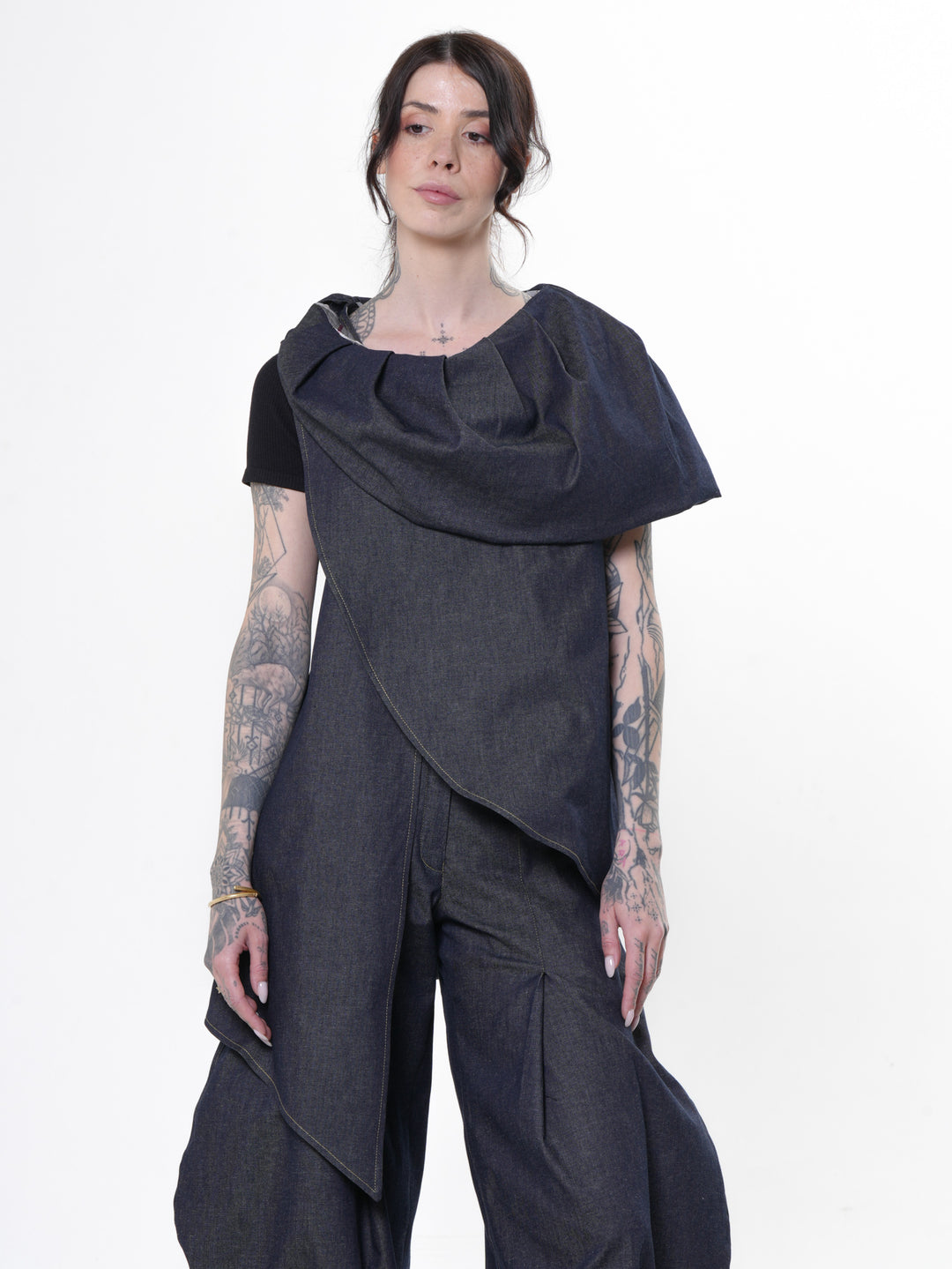 Asymmetric Denim Vest With Draped Collar – Metamorphoza