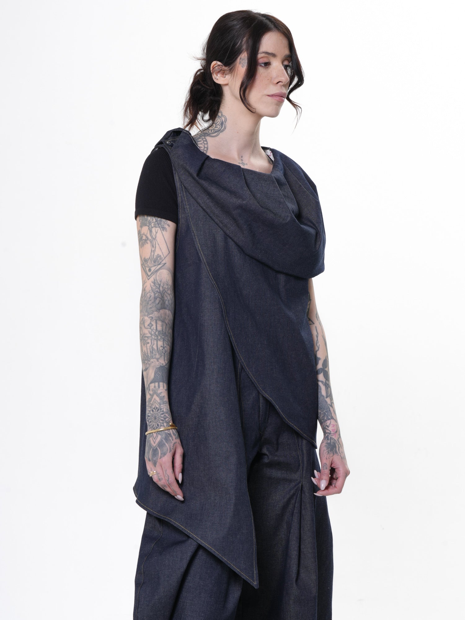 Asymmetric Denim Vest With Draped Collar – Metamorphoza