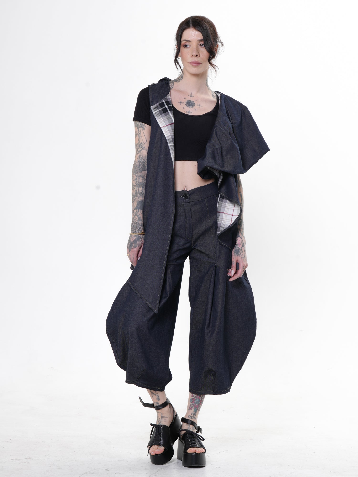 Asymmetric Denim Vest With Draped Collar – Metamorphoza