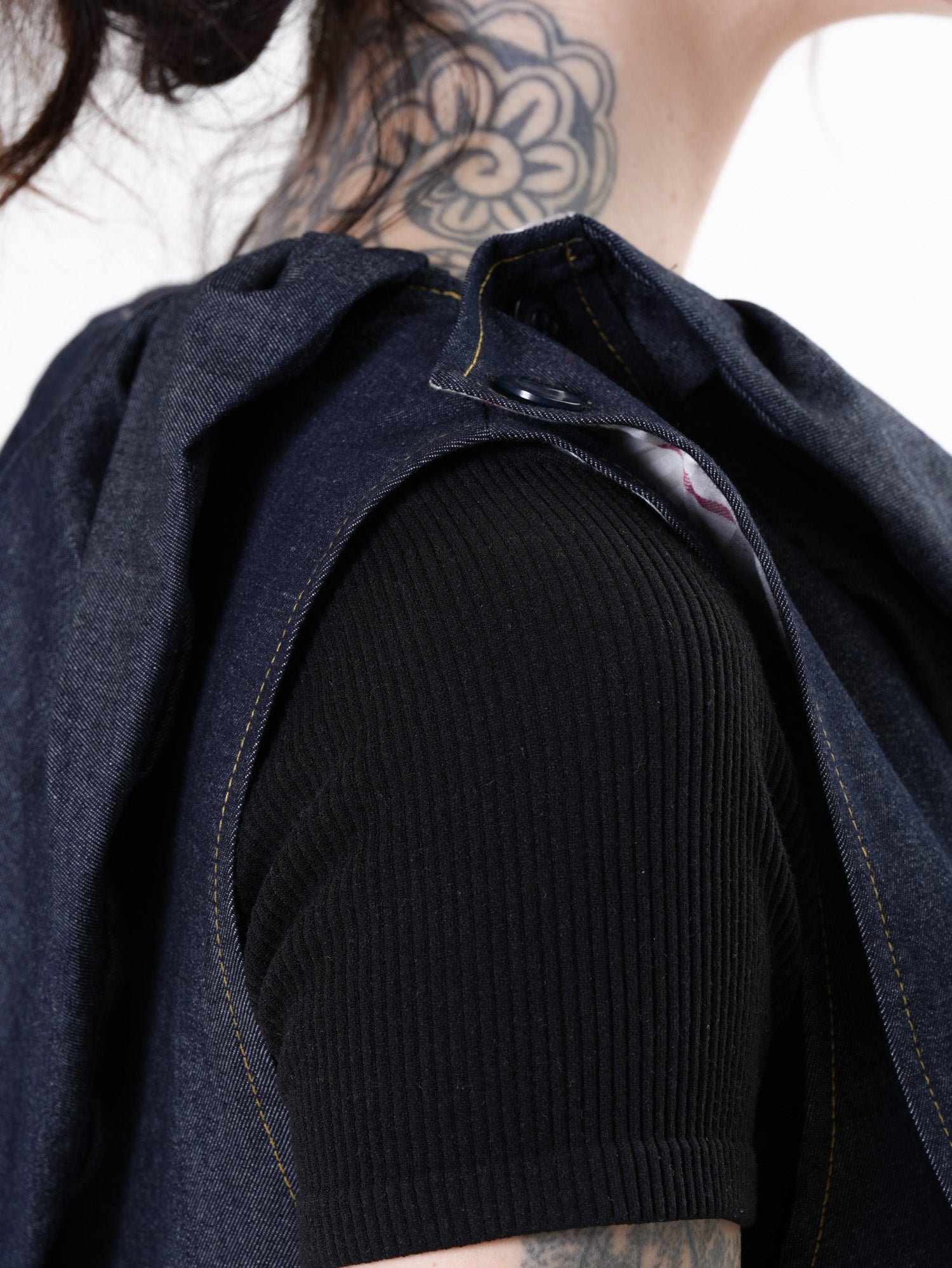 Asymmetric Denim Vest With Draped Collar – Metamorphoza