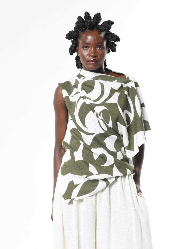 Asymmetric Draped Top With Print In Black – Metamorphoza