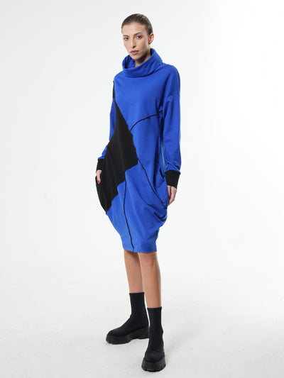 Long Sleeve Cotton Dress With Turtleneck in Blue