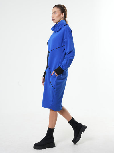 Long Sleeve Cotton Dress With Turtleneck in Blue
