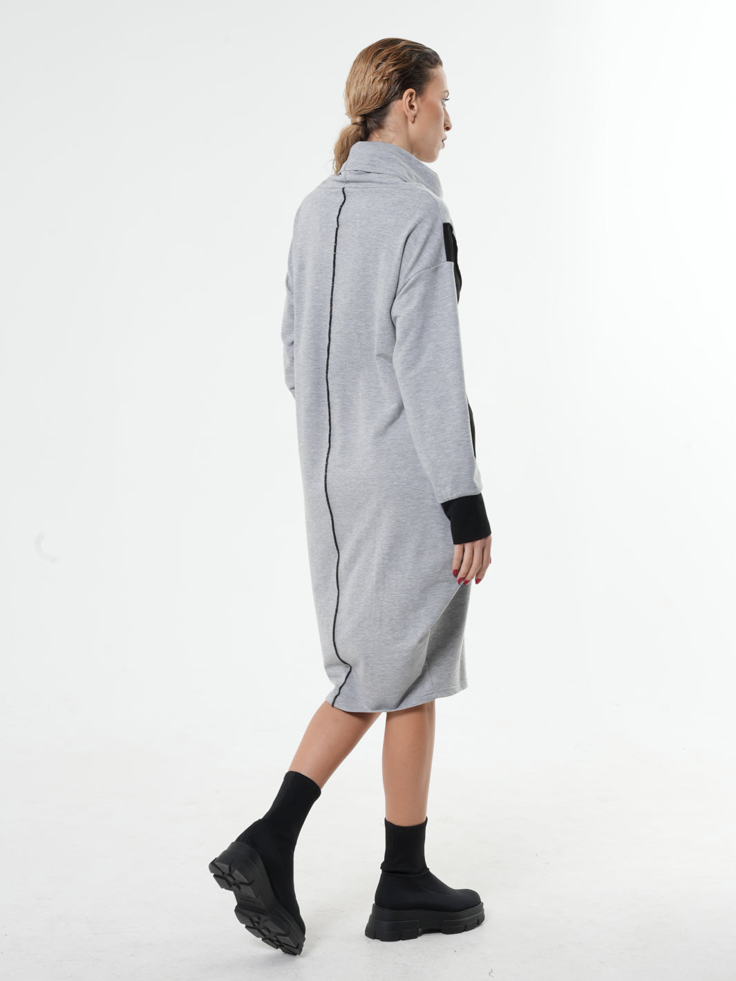 Long Sleeve Cotton Dress With Turtleneck In Gray