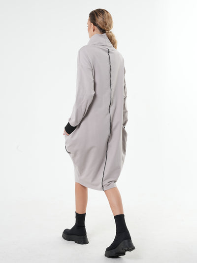 Long Sleeve Cotton Dress With Turtleneck In Beige