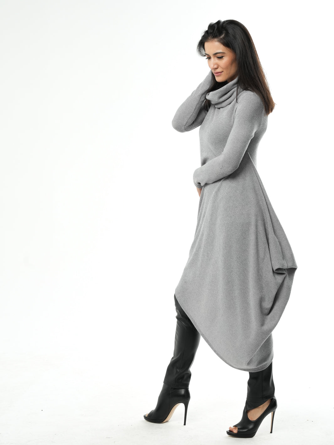 Knitted Asymmetric Turtleneck Dress In Gray