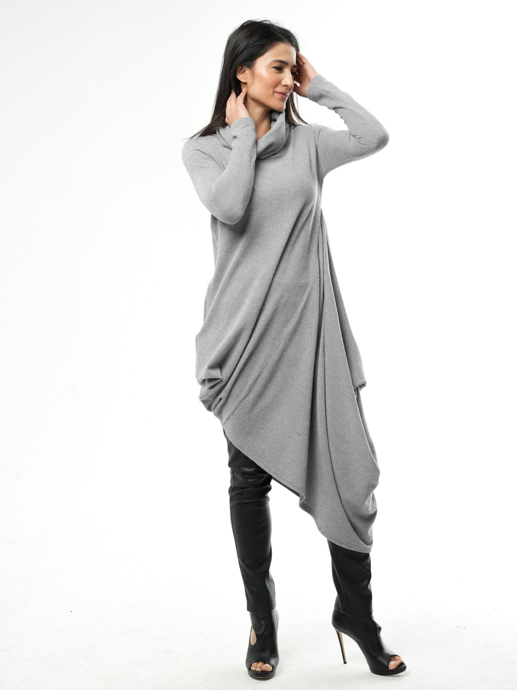Knitted Asymmetric Turtleneck Dress In Gray