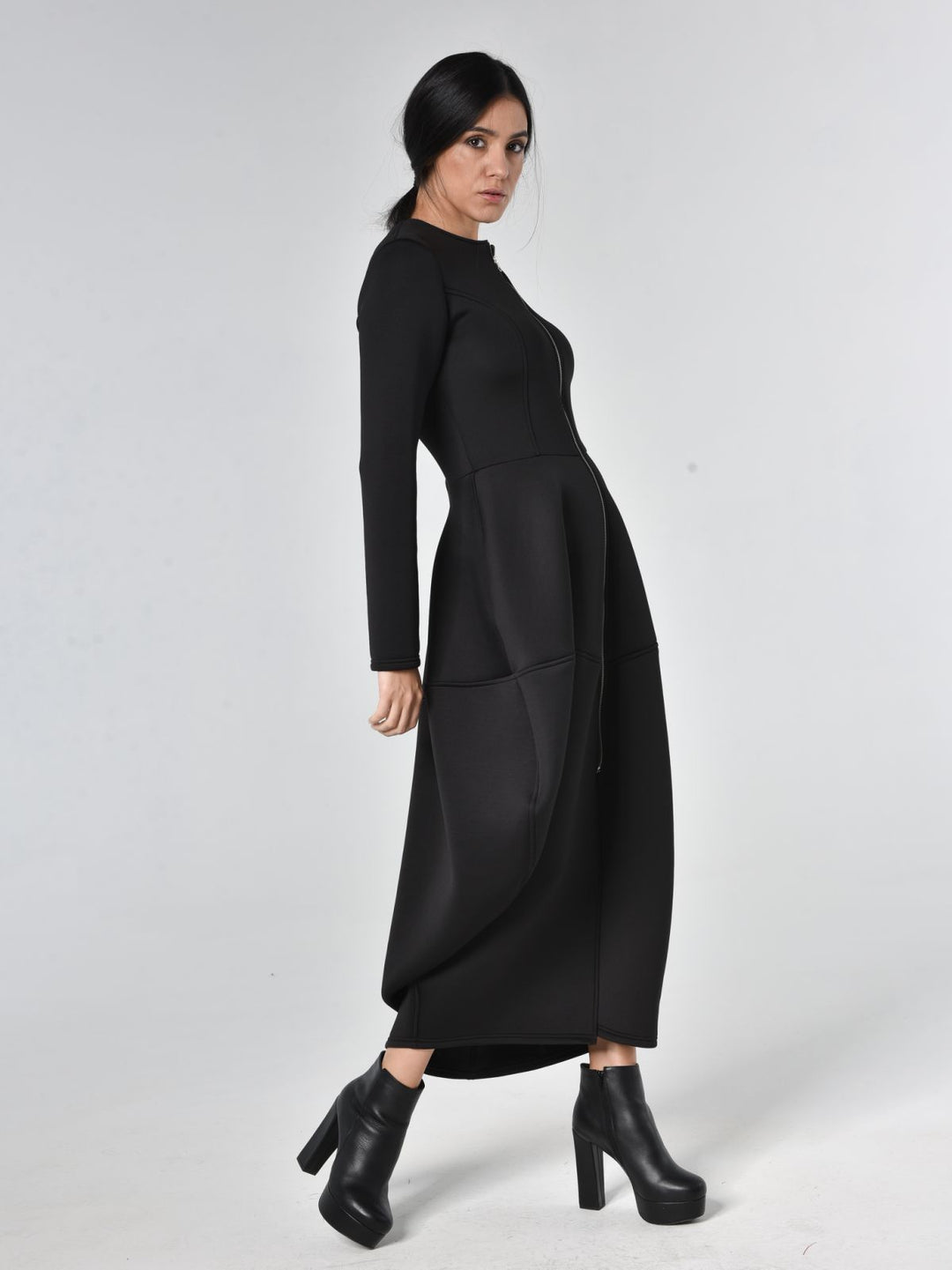 Long Zipper Neoprene Dress In Black – Metamorphoza