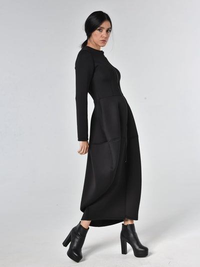 Long Zipper Neoprene Dress In Black