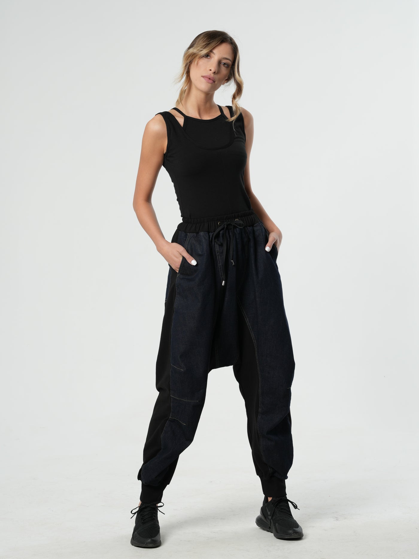 Drop-Crotch Denim Pants With Black Details - Main Image
