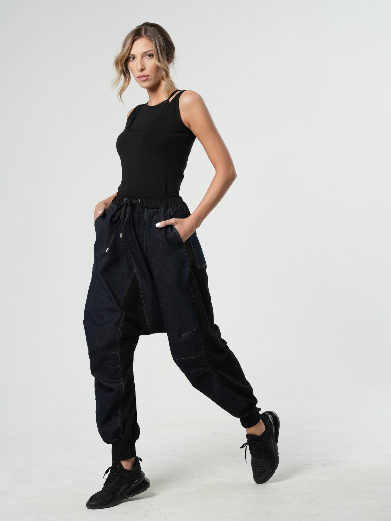 Drop-Crotch Denim Pants With Black Details – Metamorphoza