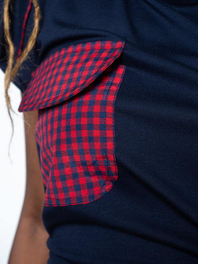 Navy Top with Checked Pockets