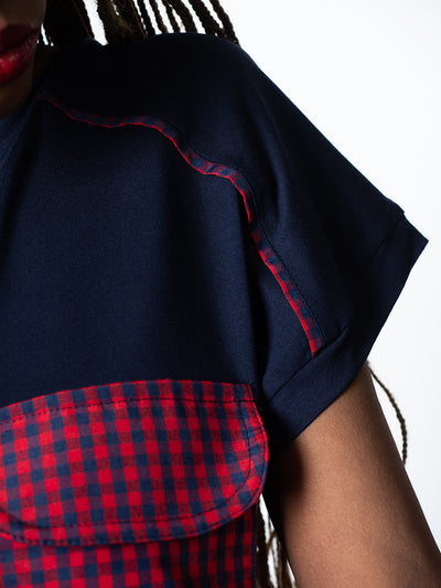 Navy Top with Checked Pockets