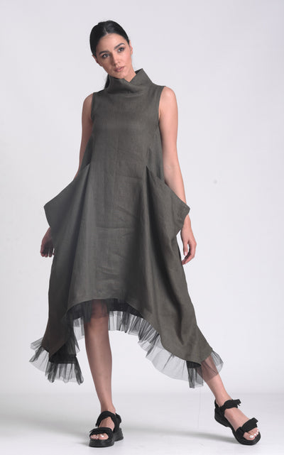 Linen Dress With Tulle Hem In Gray