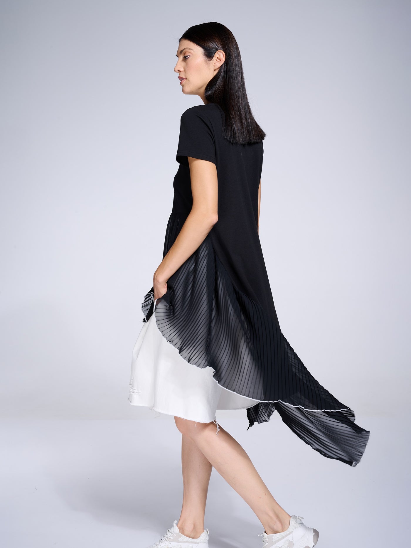Tunic With Pleated Chiffon Layer In Black