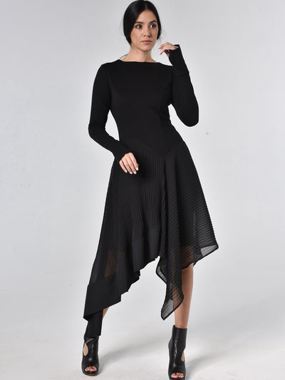 Black Pleated Chiffon Dress