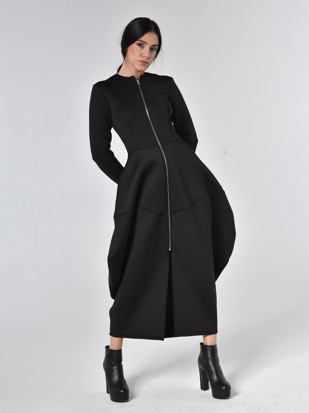 Long Zipper Neoprene Dress In Black