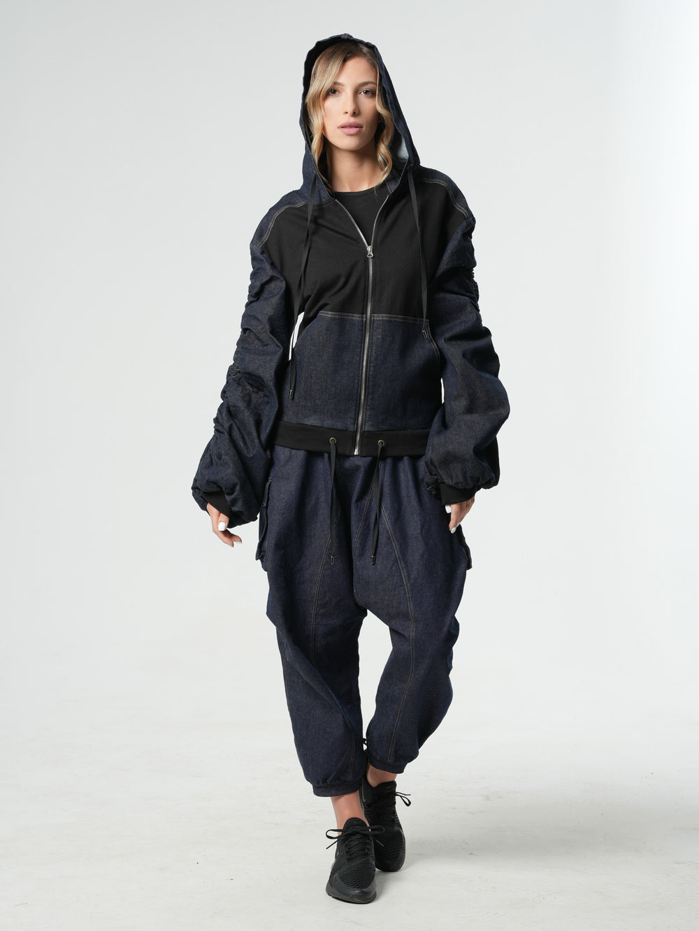Extravagant Denim Jacket with Gathered Sleeves