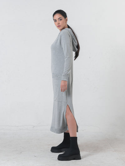 Knitted Long Sleeve Hooded Dress In Light Gray