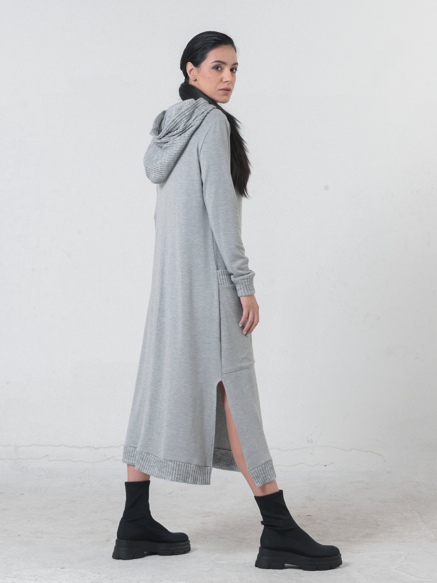 Knitted Long Sleeve Hooded Dress In Light Gray