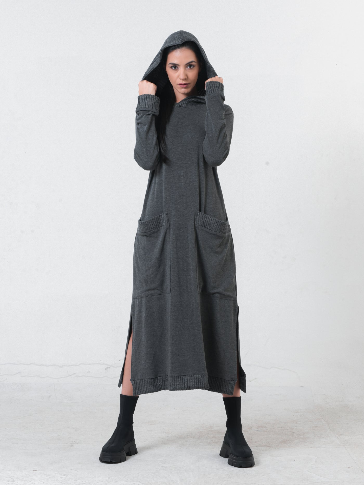 Knitted Long Sleeve Hooded Dress In Dark Gray