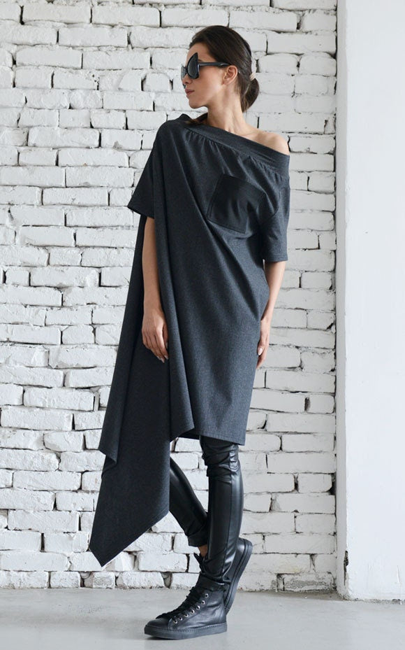 Oversize Open Shoulder Dark Gray Dress