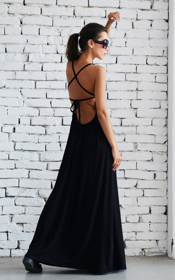 Elegant Long Black Dress With Open Back  Metamorphoza