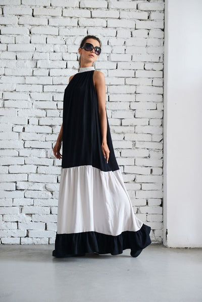 Long Black and Beige Sleeveless Dress