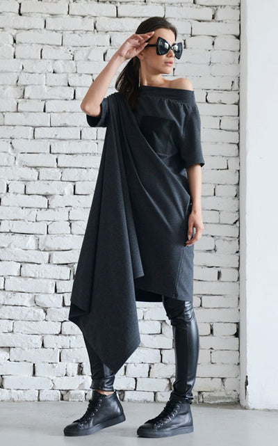 Oversize Open Shoulder Dark Gray Dress