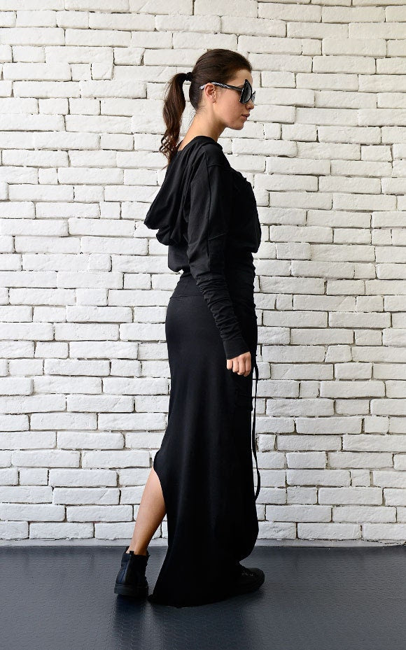 Asymmetric Hooded Long Dress In Black  Metamorphoza