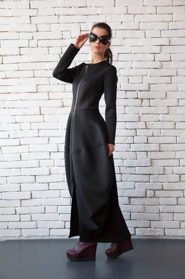 Long Zipper Neoprene Dress In Black