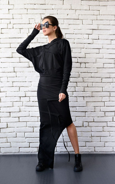 Asymmetric Hooded Long Dress In Black