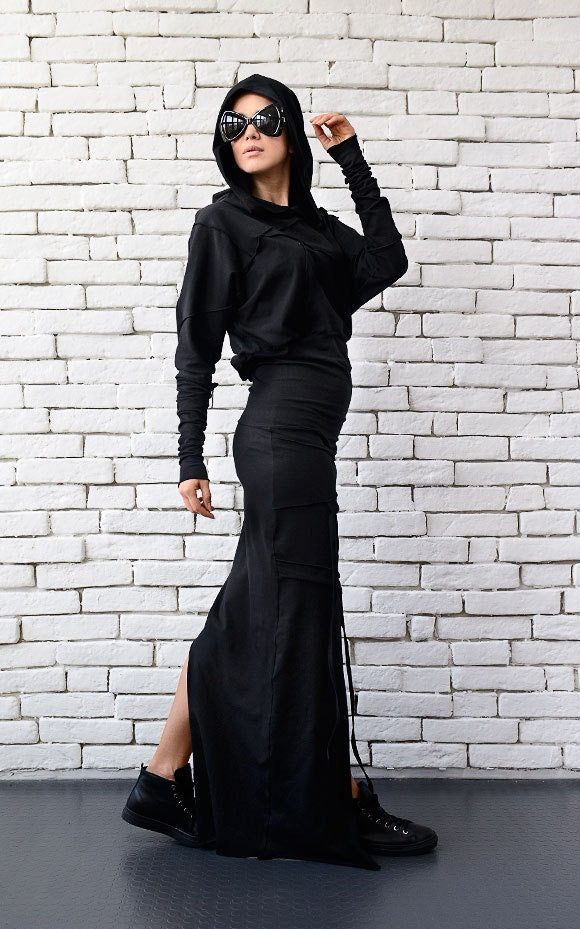 Asymmetric Hooded Long Dress In Black – Metamorphoza