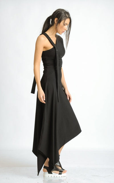 Asymmetric Cotton Black Dress