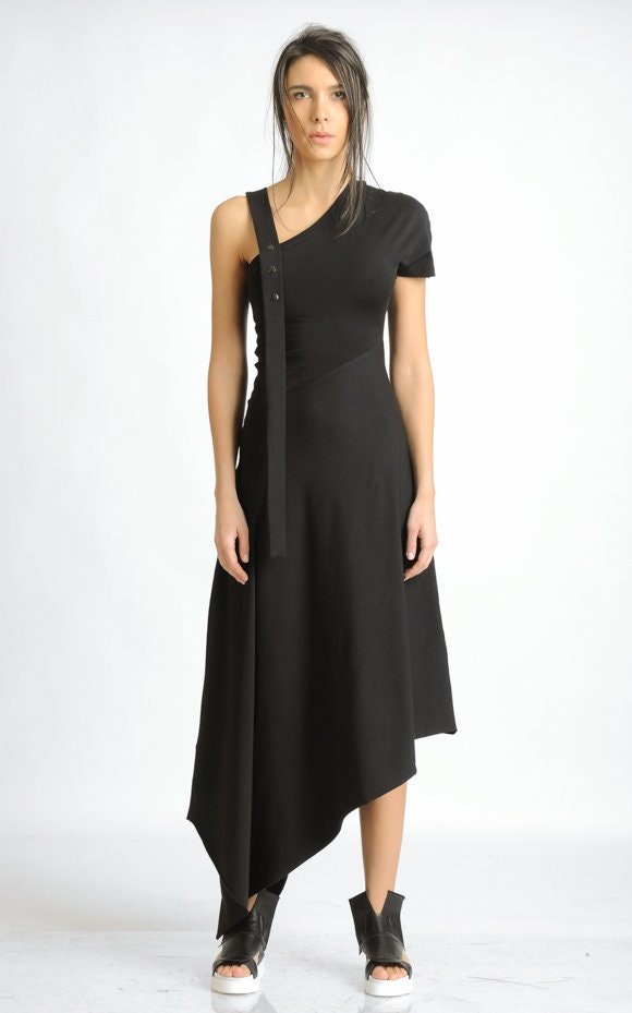 Asymmetric Cotton Black Dress