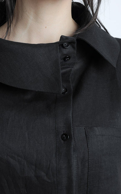 Collared Linen Shirt Dress In Black