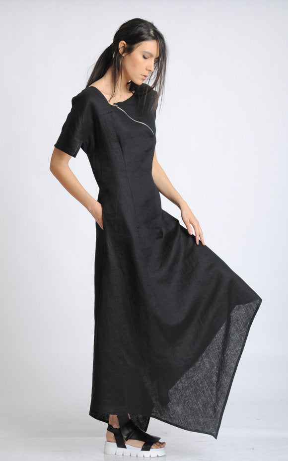 Long Loose Black Linen Dress