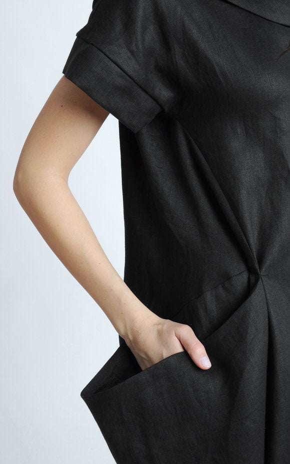 Collared Linen Shirt Dress In Black