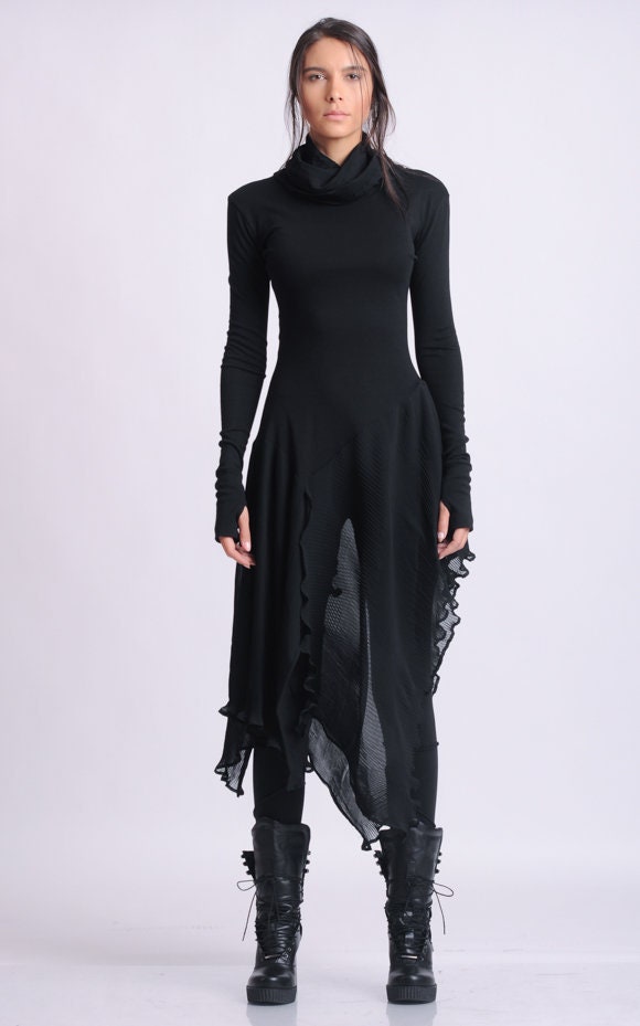 white christmas dresses Turtleneck Black Tunic With Pleated Chiffon Layer – Metamorphoza