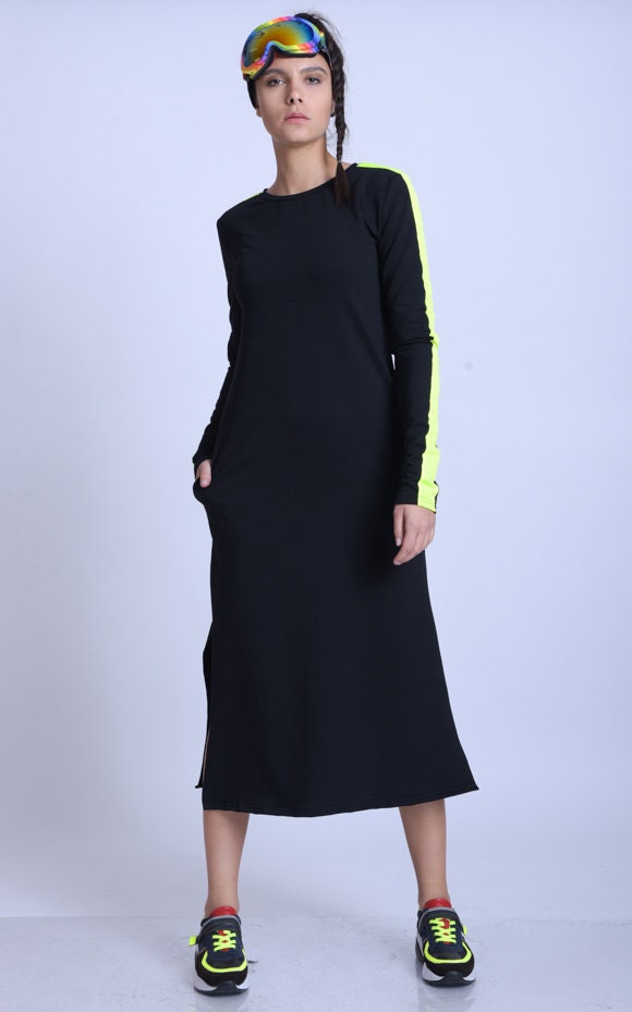 Long Sleeve Casual Dress With Neon Details