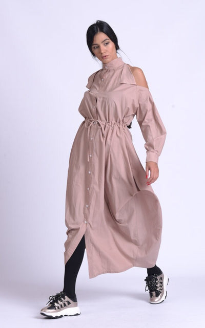 Long Beige Dress With Open Shoulders