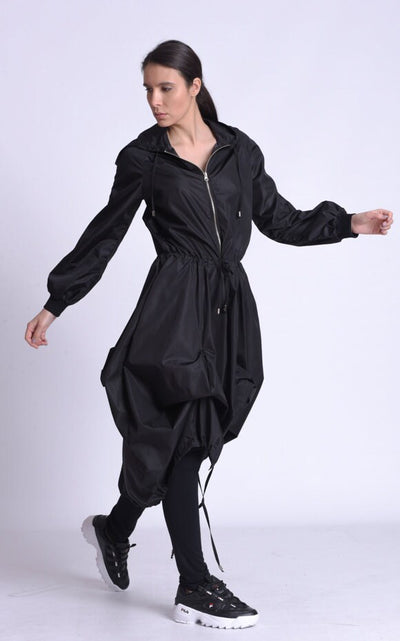 Black Asymmetric Hooded Raincoat