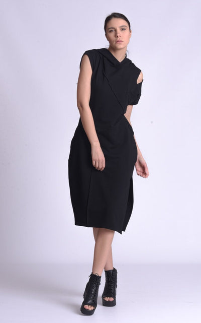 Casual Hooded Knee Length Black Dress