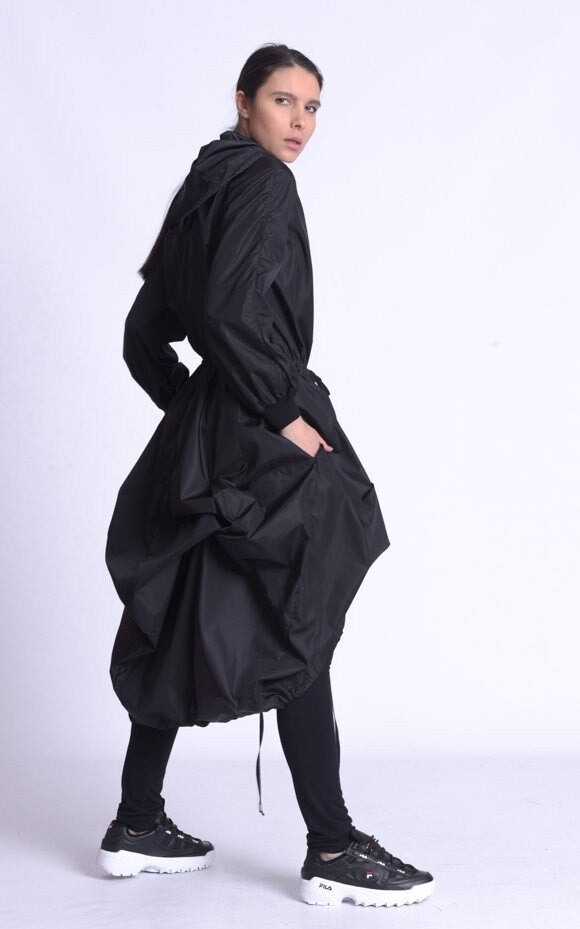 Black Asymmetric Hooded Raincoat