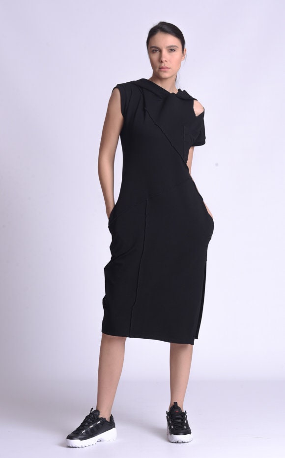Casual Hooded Knee Length Black Dress