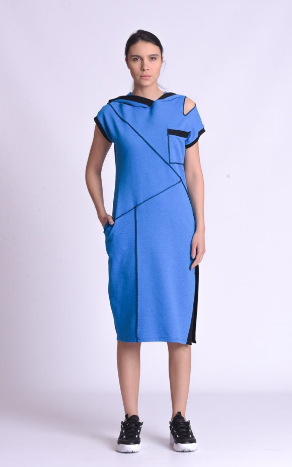 Casual Hooded Knee Length Blue Dress