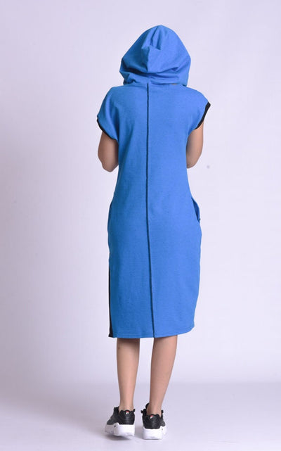 Casual Hooded Knee Length Blue Dress