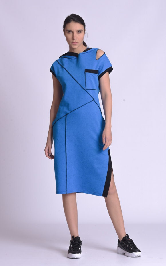 Casual Hooded Knee Length Blue Dress