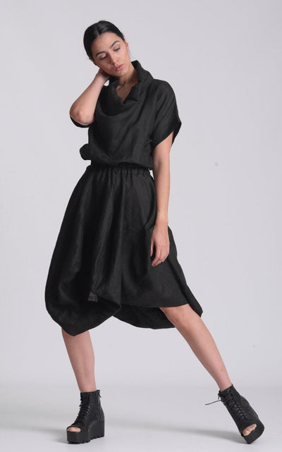 Cowl Neck Linen Dress In Black