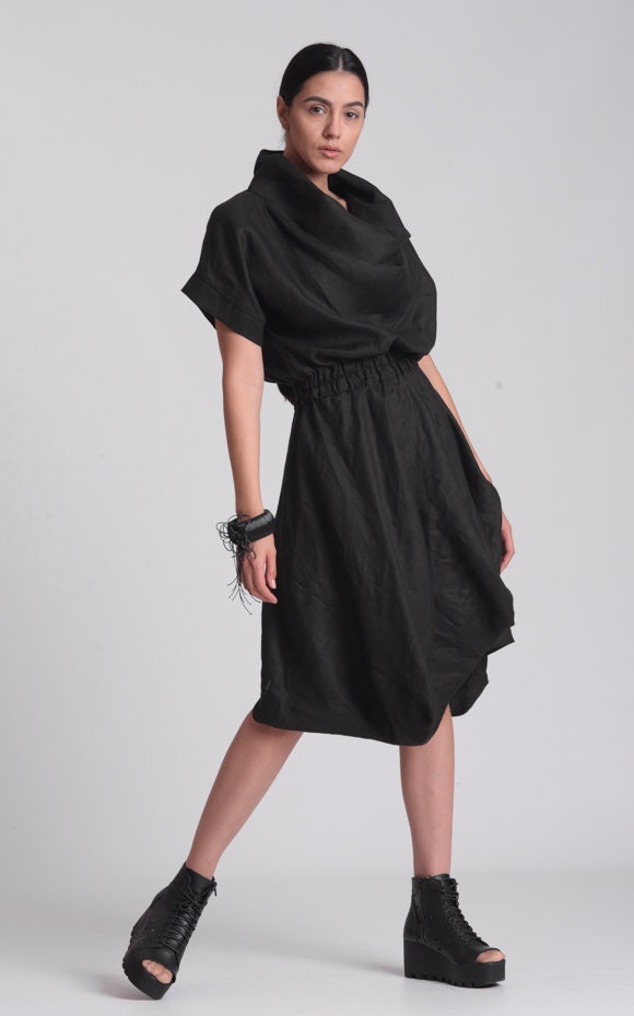 Cowl Neck Linen Dress In Black Cowl Neck Linen Dress In Black